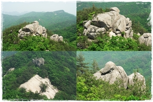 시계방향으로 멀리 보이는 장성봉, 공룡바위 풍경, 아기공룡 둘리, 통천문 